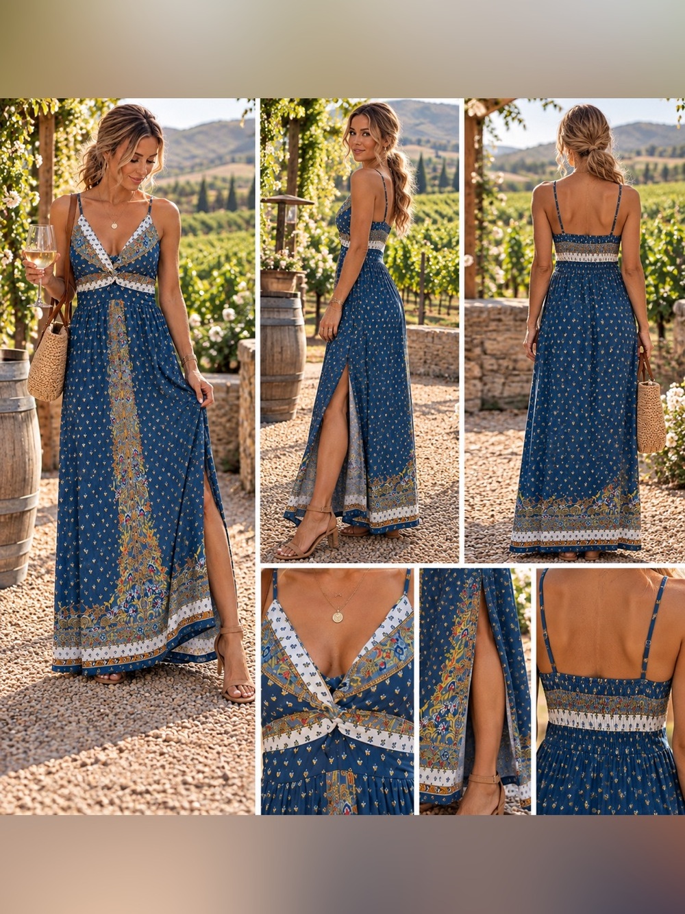 NWT Angie Blue Boho Floral Print Maxi Dress Small Adjustable Spaghetti Strap - Picture 3 of 3